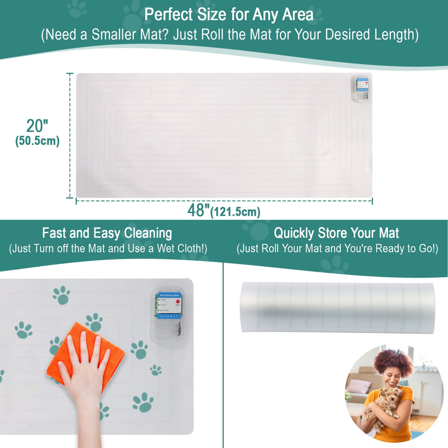SEERWAY Scat Pet Shock Mat with Tester, Shock Pads for Dogs and Cats Training Indoor, Electric Repellent Mat Keeps Pets Off Couch, Sofa, Counter Top, 3 Training Modes, Battery Operated,48"x 20"