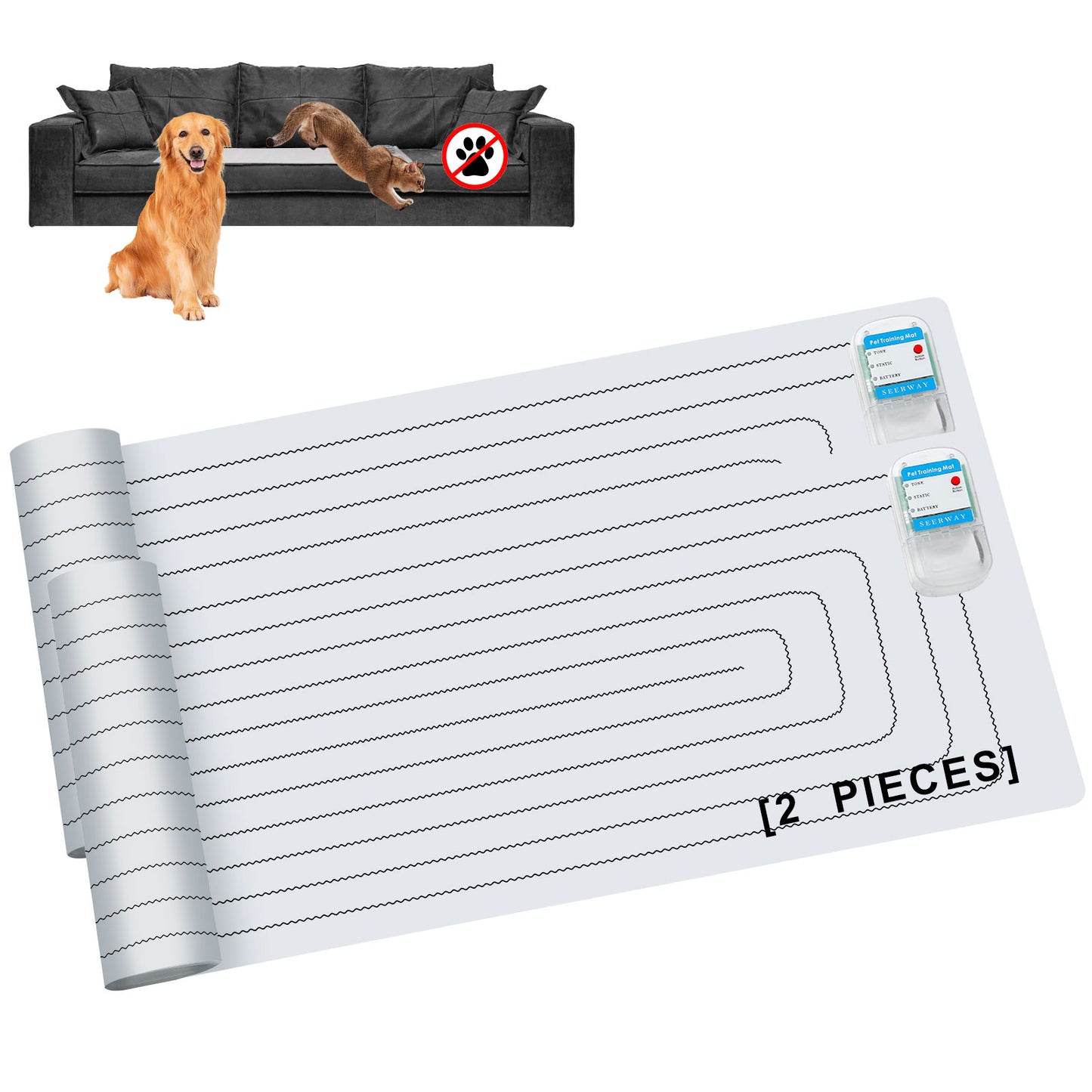 SEERWAY Scat Pet Shock Mat 2 Pieces, Shock Pads for Dogs and Cats Training Indoor, Electric Repellent Mat Keeps Pets Off Couch, Sofa, Countertop, 3 Modes, 2 Pieces Same Size, Battery Operated,60"x 12"