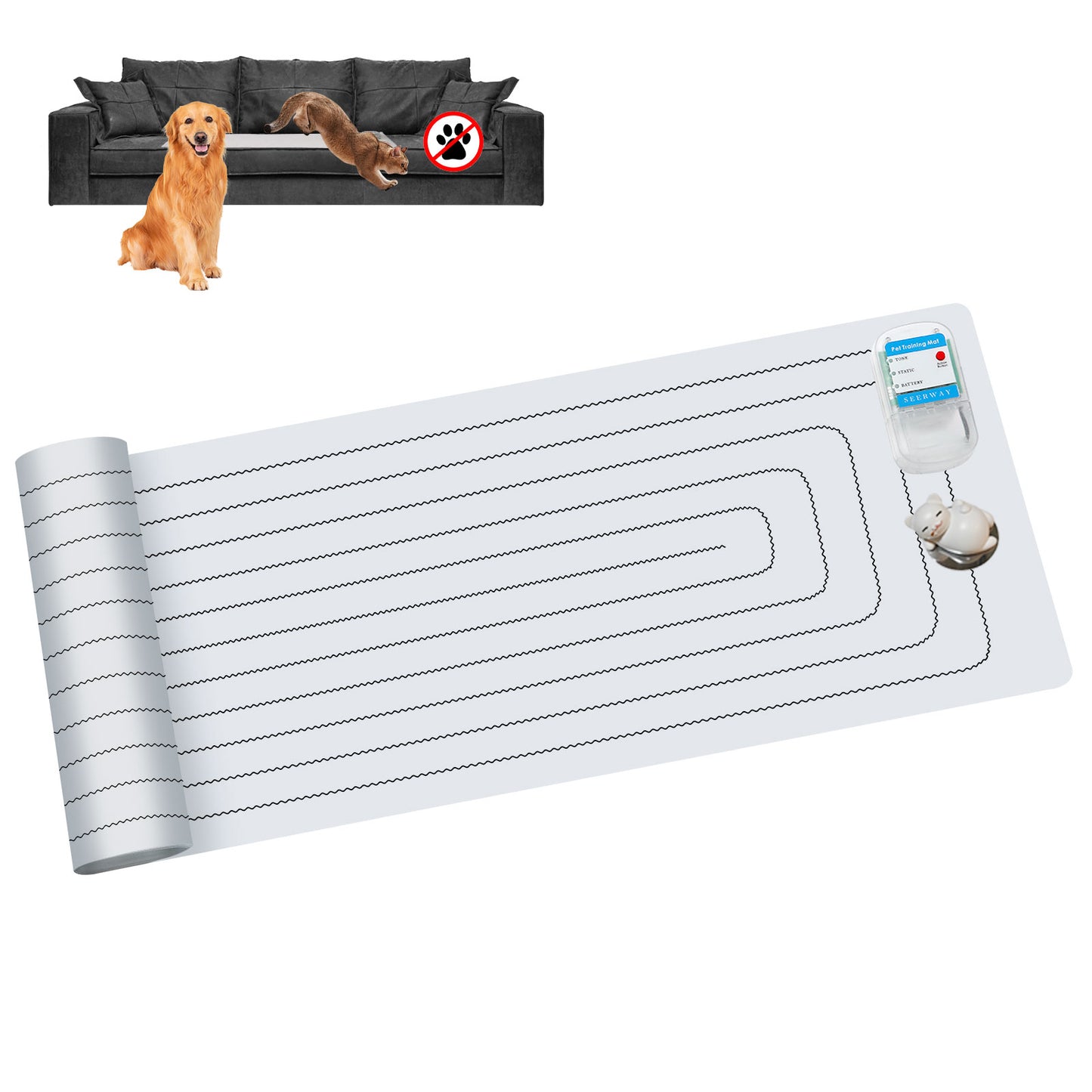 SEERWAY Scat Pet Shock Mat with Tester, Shock Pads for Dogs and Cats Training Indoor, Electric Repellent Mat Keeps Pets Off Couch, Sofa, Counter Top, 3 Training Modes, Battery Operated 60"x 12"