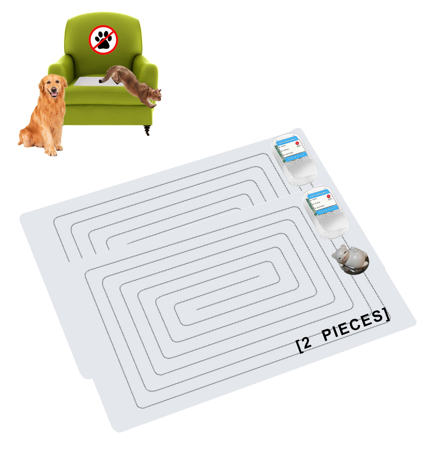 SEERWAY Scat Pet Shock Mat 2 Pieces with Tester, Shock Pad for Dog and Cat Training Indoor, Electric Repellent Mat Keeps Pet Off Couch, Sofa, Countertop, 3 Modes, 2 Pieces Same Size, Battery Operated,22"x 14"