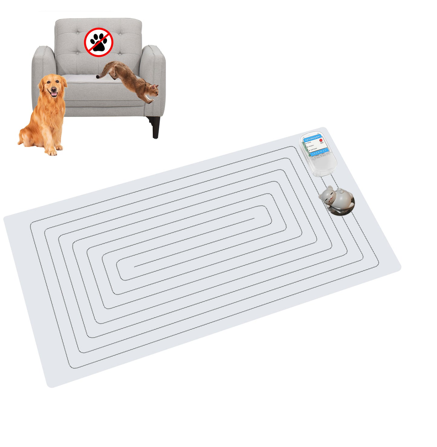 SEERWAY Scat Pet Shock Mat with Tester, Shock Pads for Dogs and Cats Training Indoor, Electric Repellent Mat Keeps Pets Off Couch, Sofa, Counter Top, 3 Training Modes,30"x 16" Battery Operated