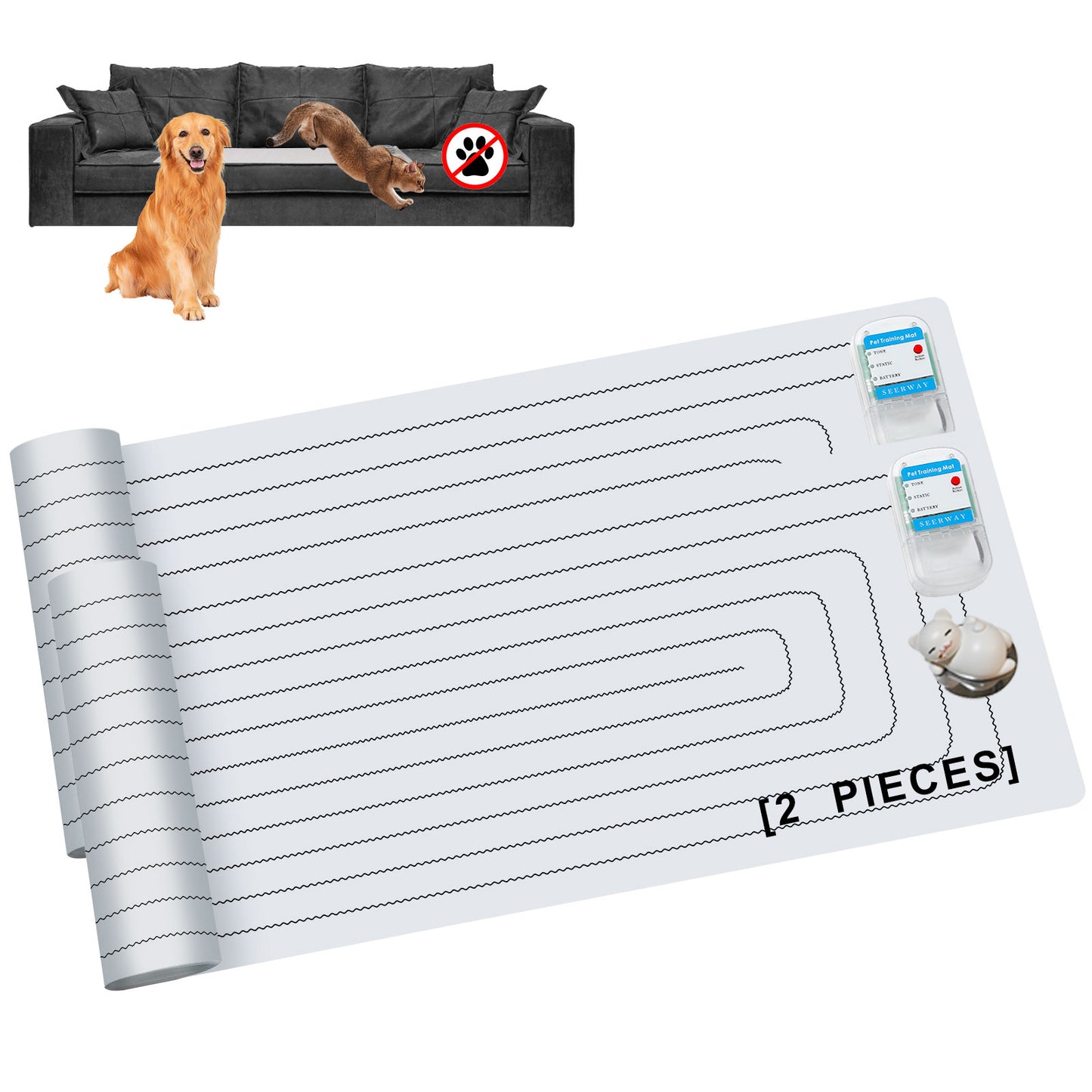 SEERWAY Scat Pet Shock Mat 2 Pieces with Tester, Shock Pad for Dog and Cat Training Indoor, Electric Repellent Mat Keeps Pet Off Couch, Sofa, Countertop, 3 Modes, 2 Pieces Same Size, Battery Operated,60"x 12"
