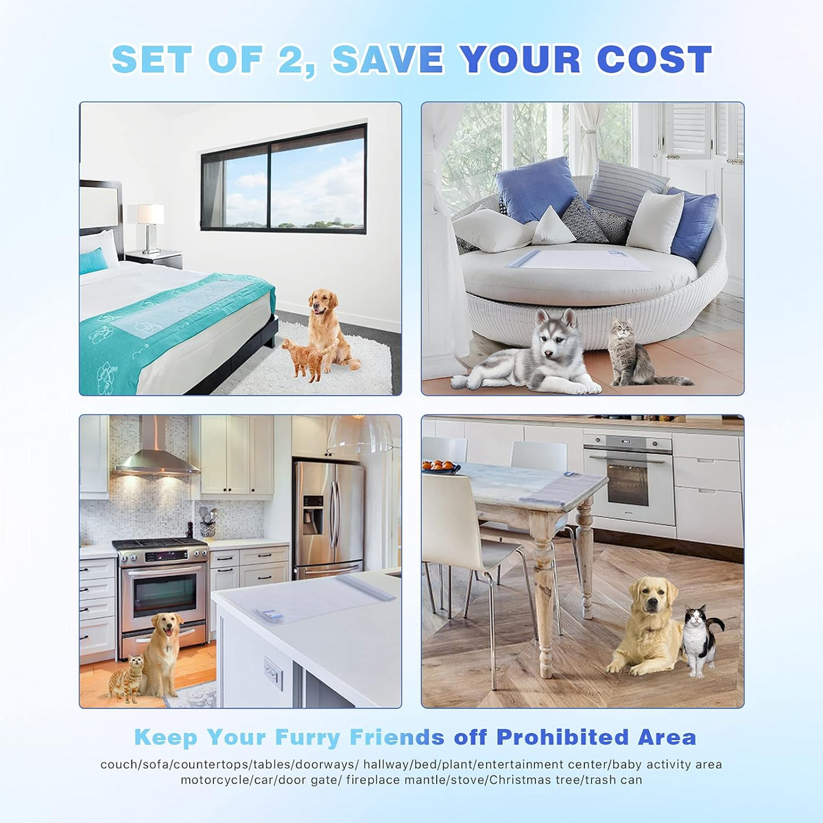 SEERWAY Scat Pet Shock Mat 2 Packs, Shock Pads for Dogs and Cats Training Indoor, Electric Repellent Mat Keeps Pets Off Couch, Sofa, Countertop, 3 Modes, 2 Pieces Same Size, Battery Operated