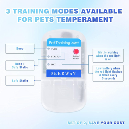 SEERWAY Scat Pet Shock Mat 2 Packs, Shock Pads for Dogs and Cats Training Indoor, Electric Repellent Mat Keeps Pets Off Couch, Sofa, Countertop, 3 Modes, 2 Pieces Same Size, Battery Operated