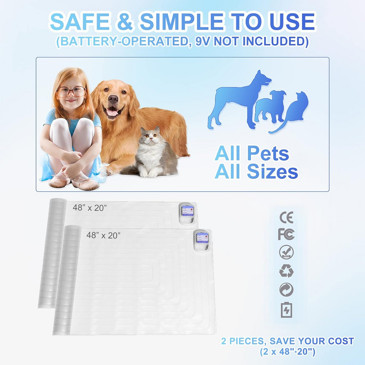 SEERWAY Scat Pet Shock Mat 2 Packs, Shock Pads for Dogs and Cats Training Indoor, Electric Repellent Mat Keeps Pets Off Couch, Sofa, Countertop, 3 Modes, 2 Pieces Same Size, Battery Operated