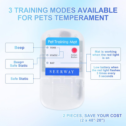 SEERWAY Scat Pet Shock Mat 2 Packs, Shock Pads for Dogs and Cats Training Indoor, Electric Repellent Mat Keeps Pets Off Couch, Sofa, Countertop, 3 Modes, 2 Pieces Same Size, Battery Operated