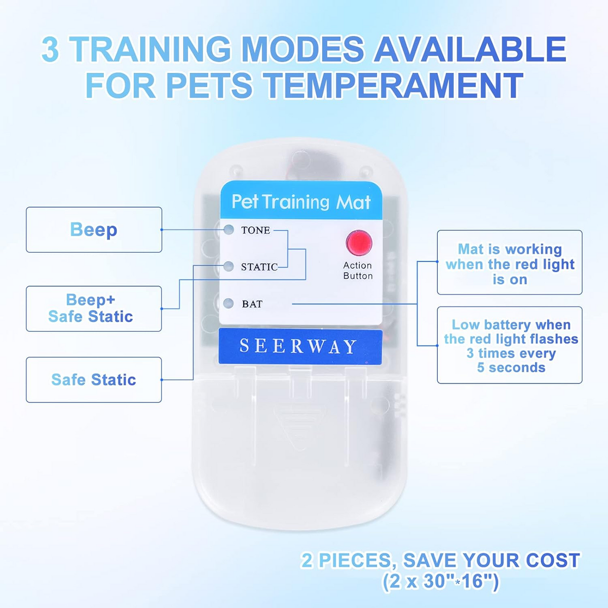 SEERWAY Scat Pet Shock Mat 2 Packs, Shock Pads for Dogs and Cats Training Indoor, Electric Repellent Mat Keeps Pets Off Couch, Sofa, Countertop, 3 Modes, 2 Pieces Same Size, Battery Operated