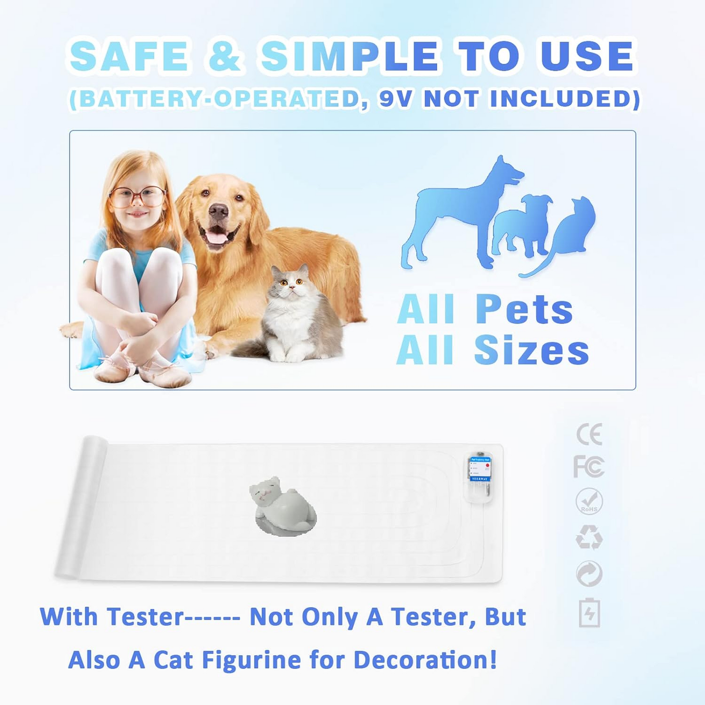 SEERWAY Scat Pet Shock Mat 2 Packs with Tester, Shock Pad for Dog and Cat Training Indoor, Electric Repellent Mat Keeps Pet Off Couch, Sofa, Countertop, 3 Modes, 2 Pieces Same Size, Battery Operated