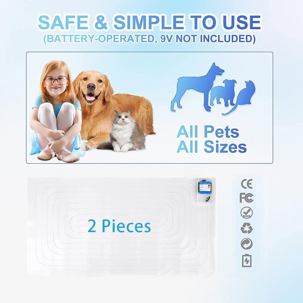 SEERWAY Scat Pet Shock Mat 2 Packs with Tester, Shock Pad for Dog and Cat Training Indoor, Electric Repellent Mat Keeps Pet Off Couch, Sofa, Countertop, 3 Modes, 2 Pieces Same Size, Battery Operated