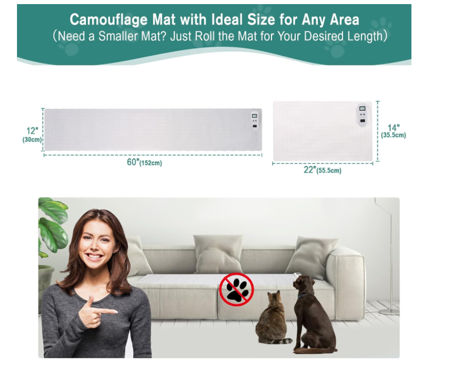 SEERWAY Scat Pet Shock Mat 2 Pieces in Different Size, Shock Pads for Dogs and Cats Training Indoor, Electric Repellent Mat Keeps Pets Off Couch, Sofa, Countertop, 3 Modes (60"x12"+22"x14")