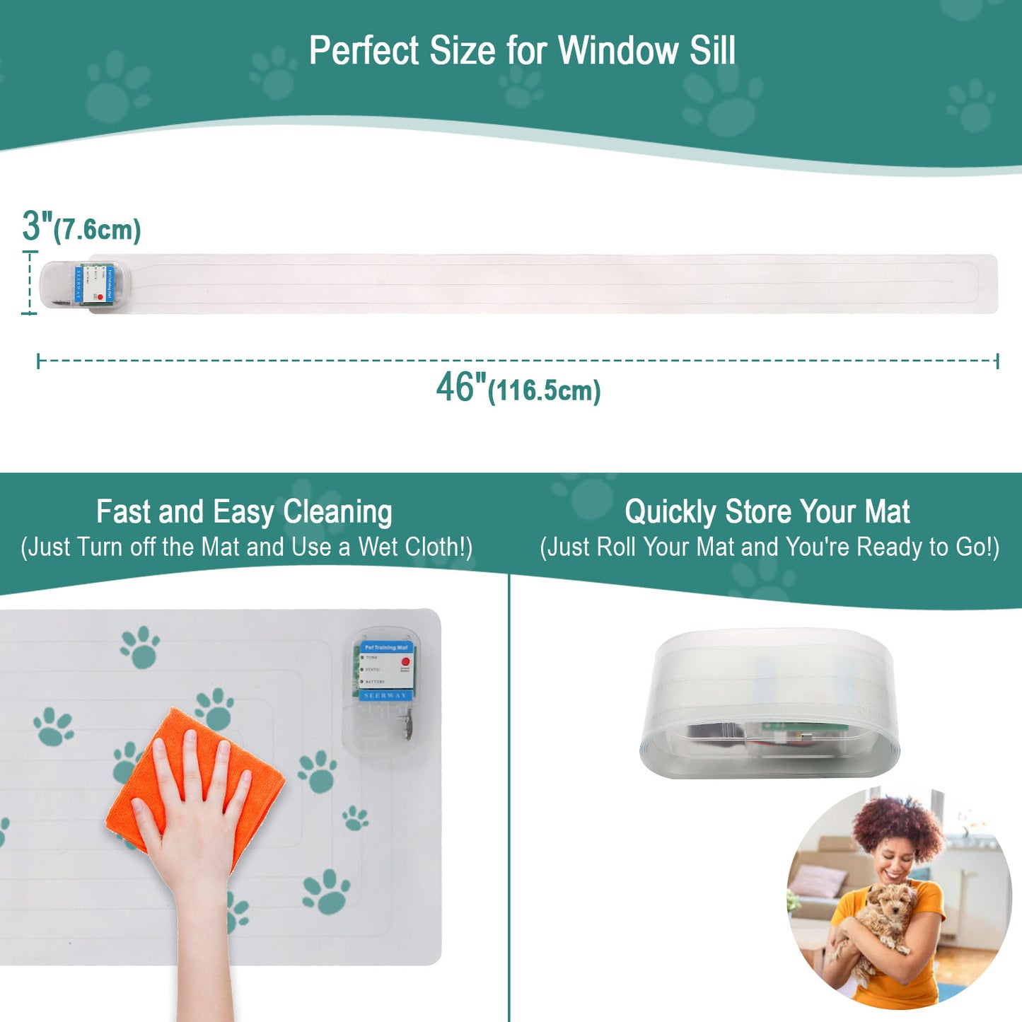 SEERWAY Scat Pet Shock Mat Indoor, Safe Shock Training Pads for Dogs and Cats, Electric Repellent Mat Keeps Pets Off windowsill and Narrow Area, 3 Training Modes, 46"x 3" Strip, Battery Operated