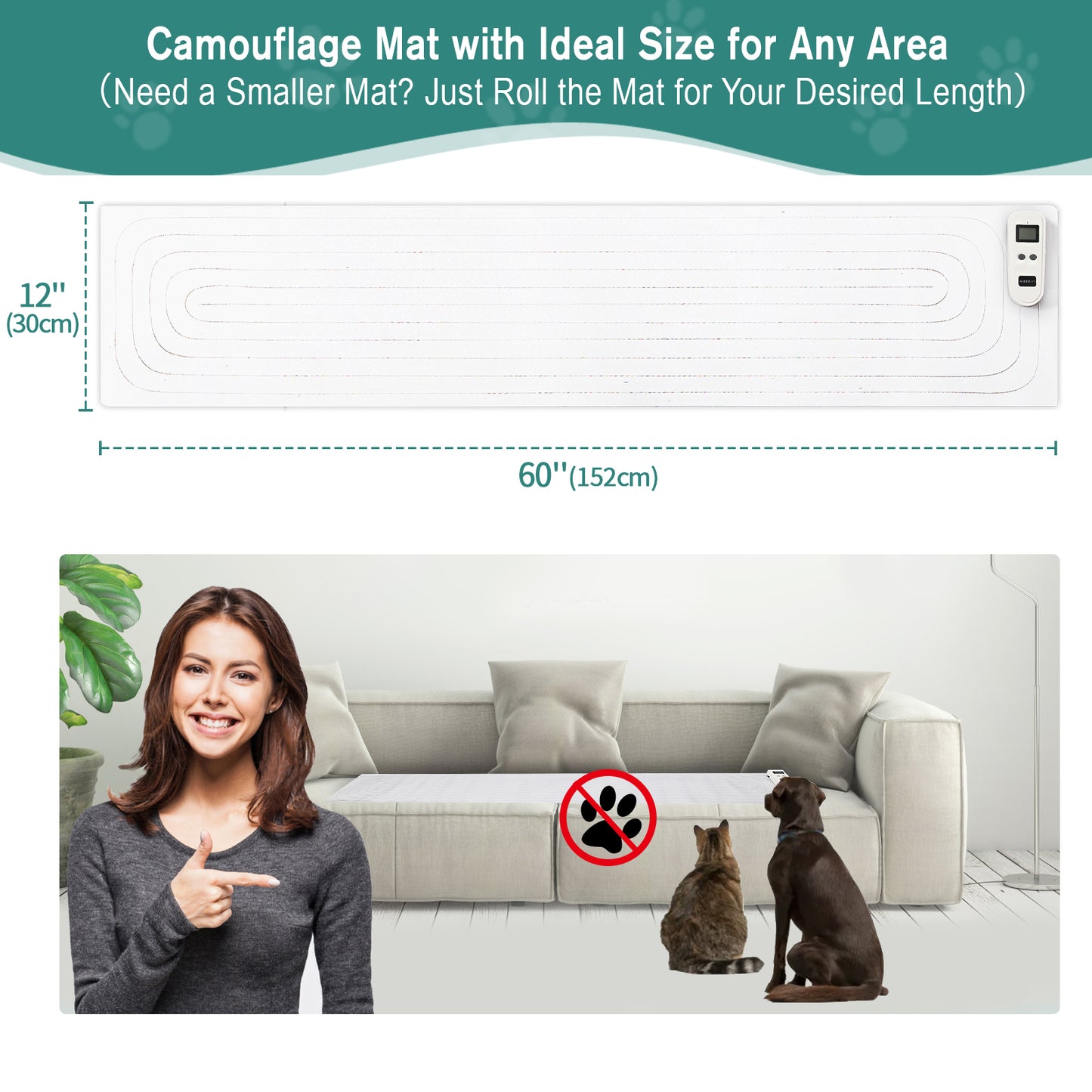 2 Rechargeable Pet Shock Mats Same Size, Cat Repellent Pad, Cat Deterrent Mat, Electric Training Mat Keeps Dogs and Cats Off Sofa, Couch, Bed and Countertop (60"x12")