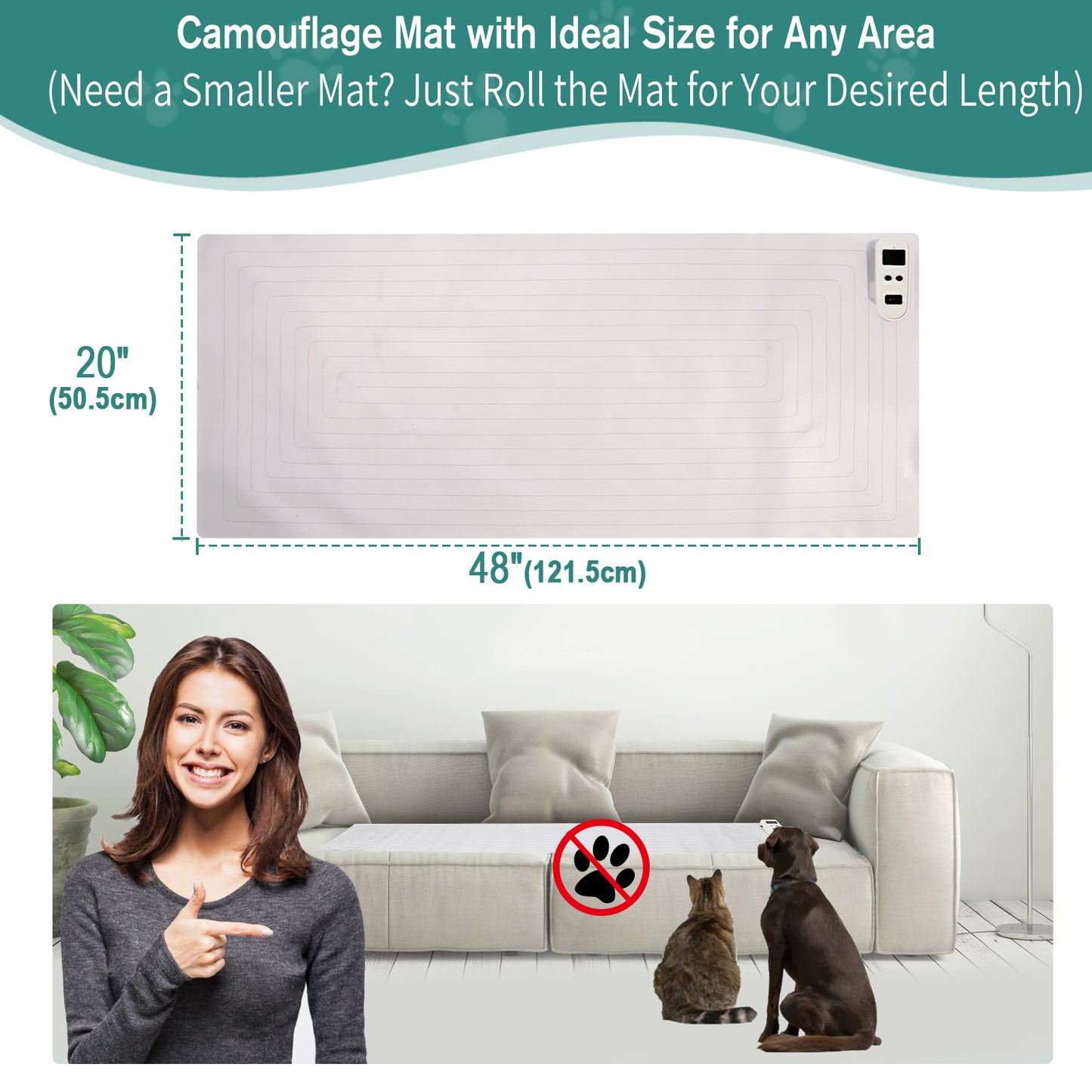 SEERWAY Rechargeable Pet Shock Mat, Cat Repellent Pad, Cat Deterrent Mat, Electric Training Mat Keeps Dogs and Cats Off Sofa, Couch, Bed and Countertop, 3 Training Modes with 3 Intensity (20"x48")
