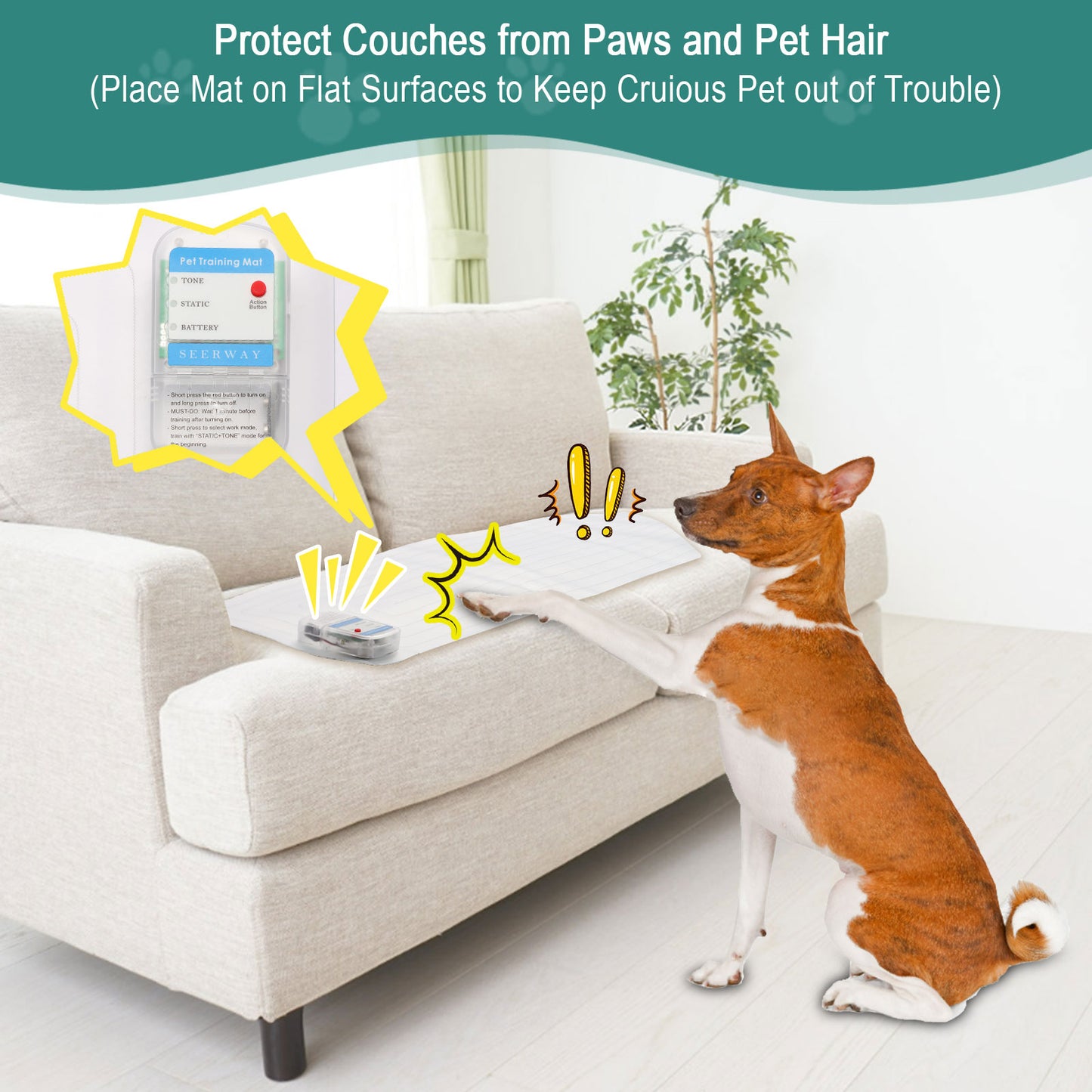 SEERWAY Scat Pet Shock Mat 2 Pieces with Tester, Shock Pad for Dog and Cat Training Indoor, Electric Repellent Mat Keeps Pet Off Couch, Sofa, Countertop, 3 Modes, 2 Pieces Same Size, Battery Operated，48"x 20"