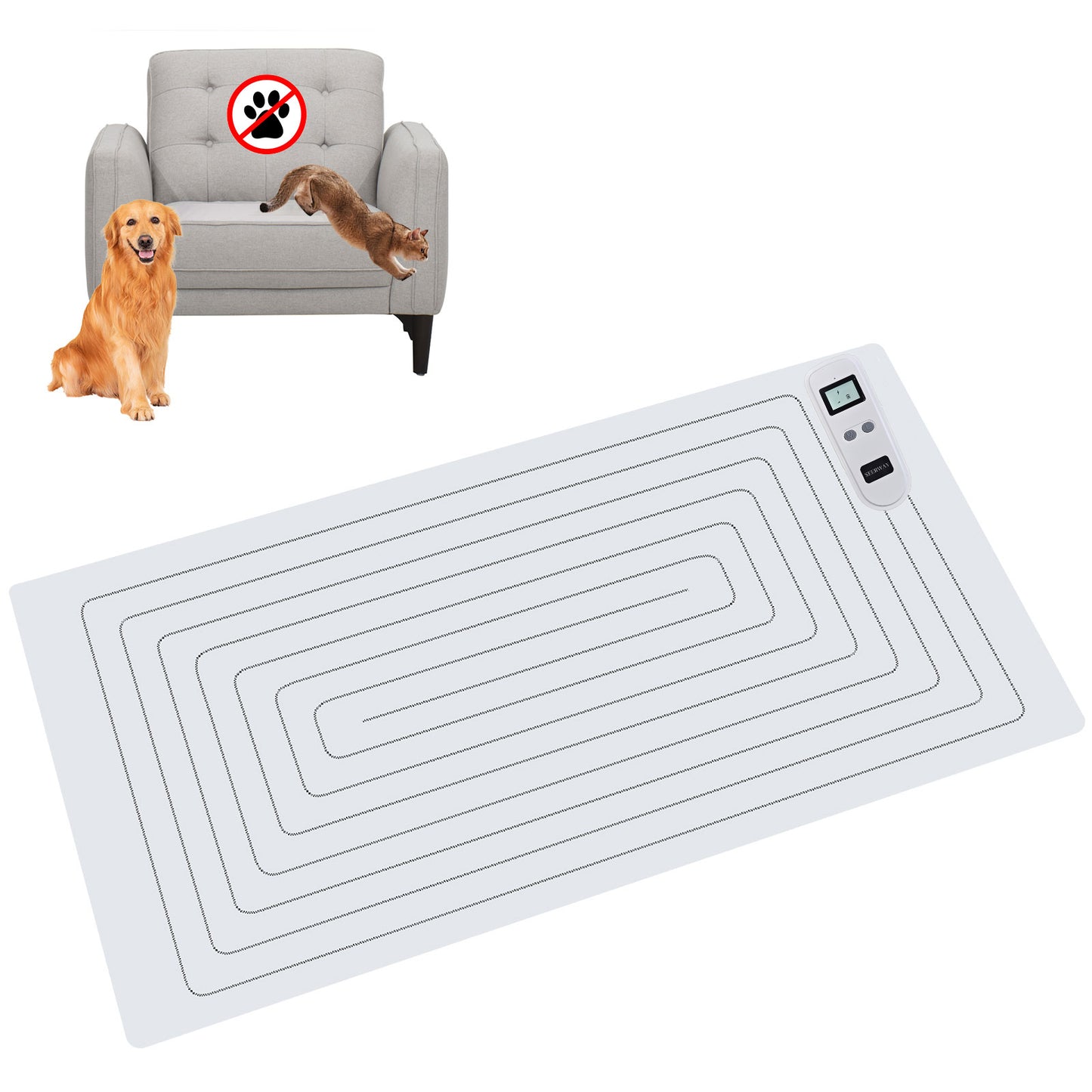 SEERWAY Rechargeable Pet Shock Mat, Cat Repellent Pad, Cat Deterrent Mat, Electric Training Mat Keeps Dogs and Cats Off Sofa, Couch, Bed and Countertop, 3 Training Modes with 3 Intensity (30"x16")